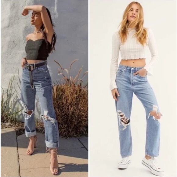 Agolde Denim - Agolde Jean Women 24 90s Mid Rise Straight Leg Distressed Light Wash Grunge Blue